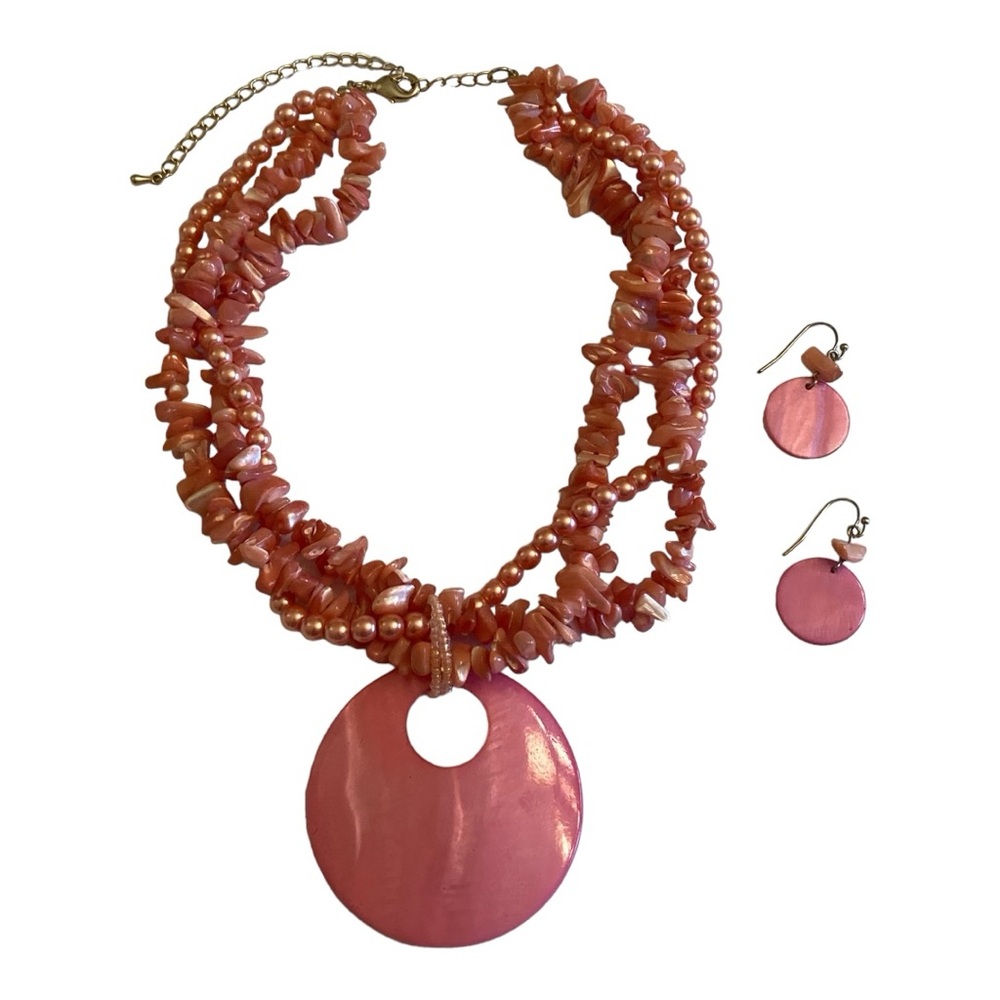 Vintage Pink Coral Beaded Statement Necklace with Earrings